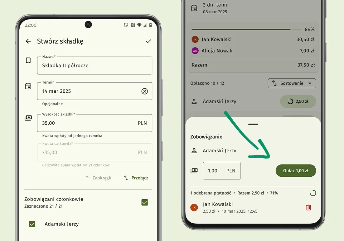 Dwa smartfony na jasnym jednolitym tle. Pierwszy smartfon przedstawia formularz tworzenia nowej składki, a drugi przedstawia panel odznaczania wpłat od ucznia.