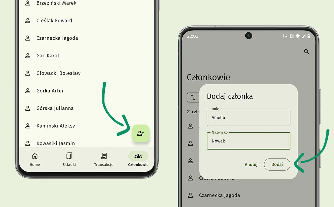 Dwa smartfony na jasnym jednolitym tle. Pierwszy smartfon przedstawia listę uczniów, a drugi przedstawia okno dialogowe pozwalające dodać nowego ucznia.
