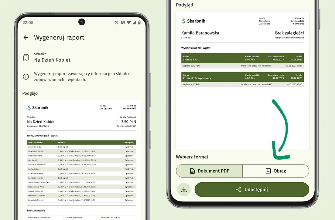 Dwa smartfony na jasnym jednolitym tle. Pierwszy smartfon przedstawia ekran generowania raportu składki, a drugi przedstawia opcje udostępniania raportu.