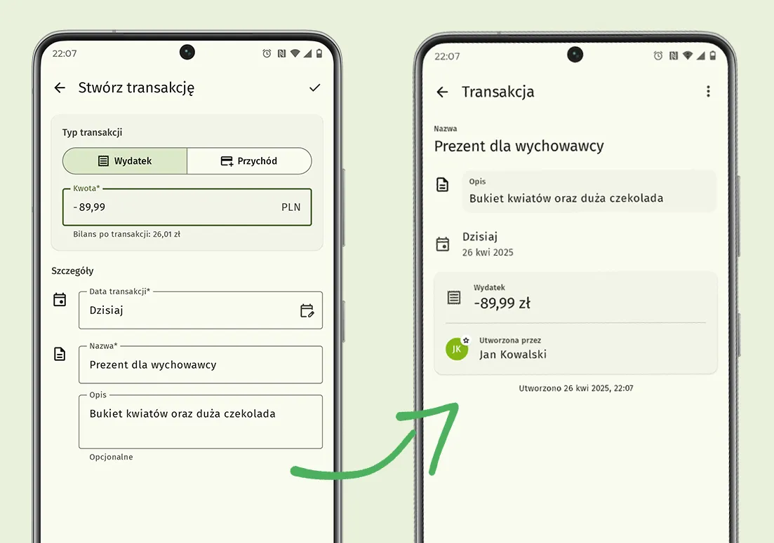 Dwa smartfony na jasnym jednolitym tle. Pierwszy smartfon przedstawia formularz rejestrowania wydatku, a drugi przedstawia ekran omówienia wydatku.