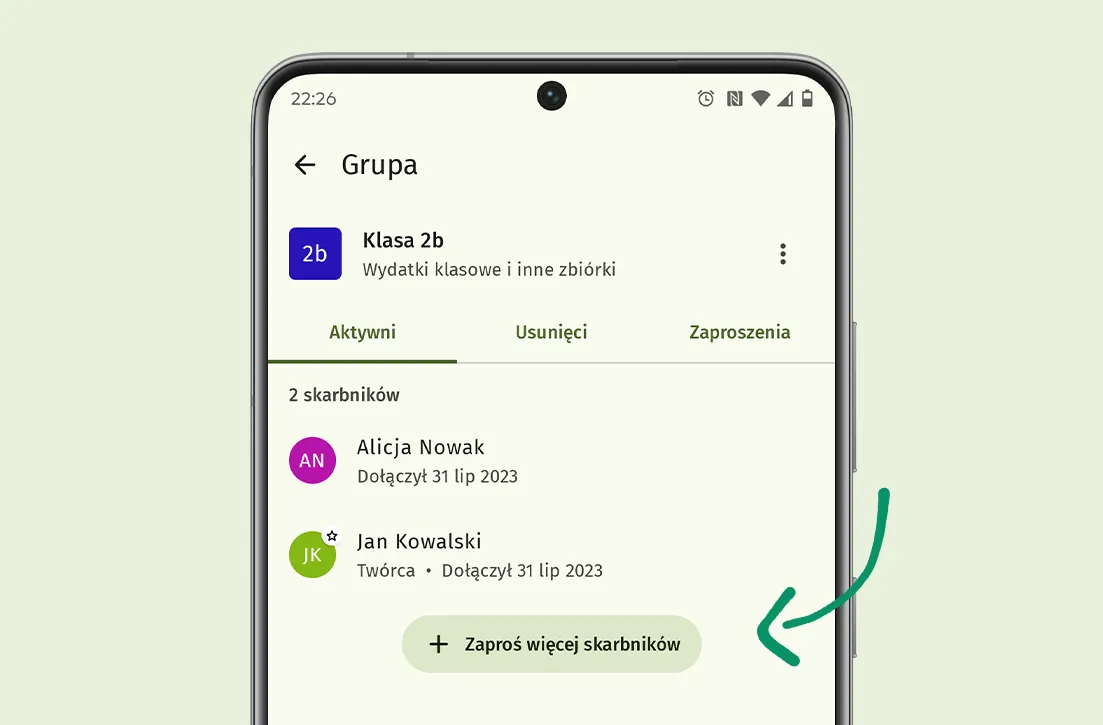 Smartfony na jasnym jednolitym tle. Przedstawia ekran zarządzania skarbnikami grupy.